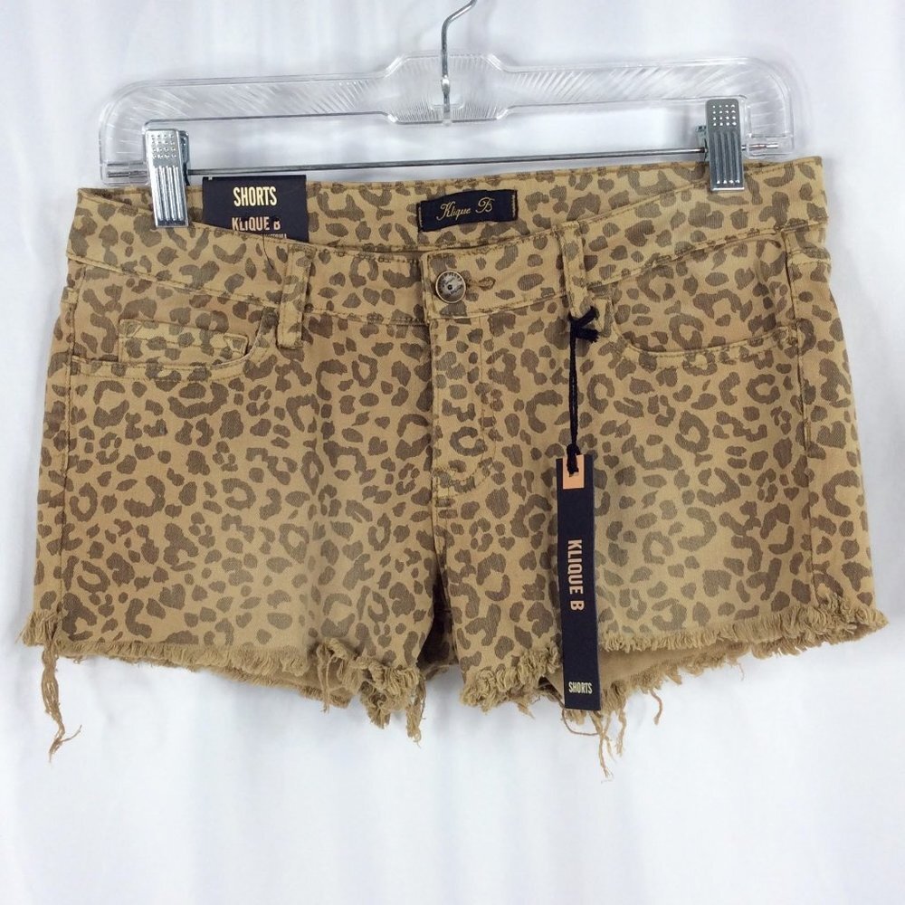 NWT Klique B Los Angeles‎ Cutoff Shorts Medium Leopard Print Fringe Denim